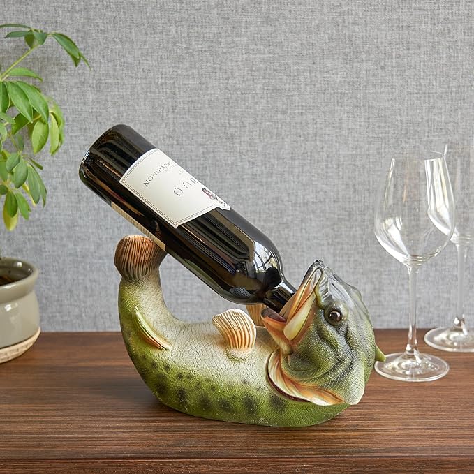 True Boozy Bass Polyresin Wine Bottle Holder - Table Top and Counter Wine Rack, Animal Home Decor - Set of 1, Green, Holds 1 Standard Wine Bottle