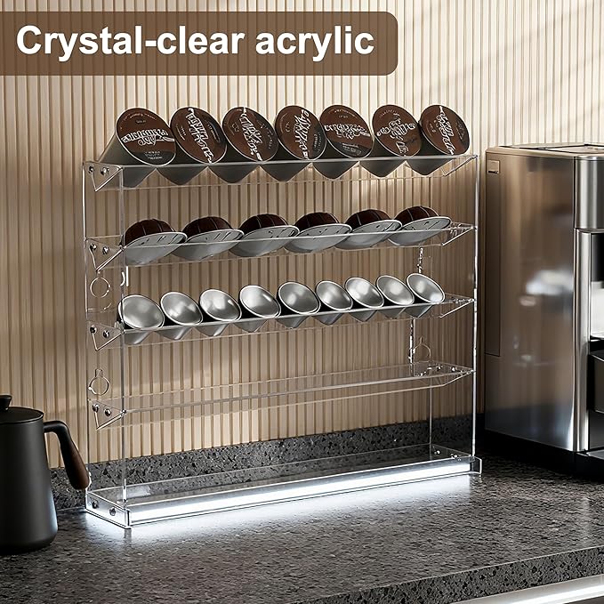 5 Tier Coffee Pod Holder for Nespresso Vertuo, Wall Mount K Cup Holder for Small Space, Clear Acrylic Coffee Pod Organizer Compatible with Most Standard Pods (30-50 Pod Storage)