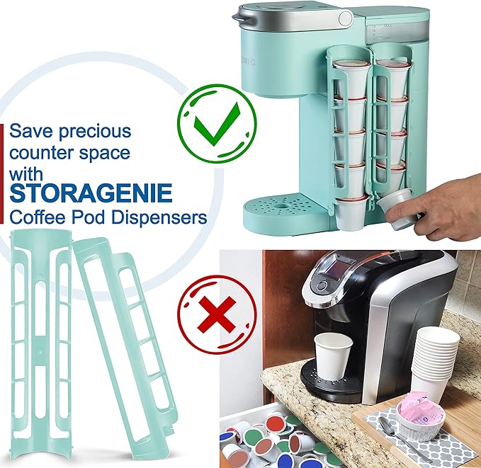 STORAGENIE K Cup Holder for Keurig, Coffee pod Storage, Side Mount | Wall Mount, Perfect for Small Counters (2 Rows/For 10 K Cups, OASIS BLUE)