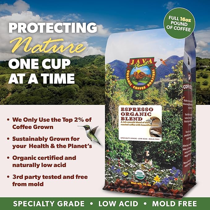 Low Acid Organic Coffee – Whole Bean, Mold-Free & Stomach Friendly by Java Planet, Espresso Blend Coffee, Dark Roast, Smooth Full Flavored, 2x1LB Bag