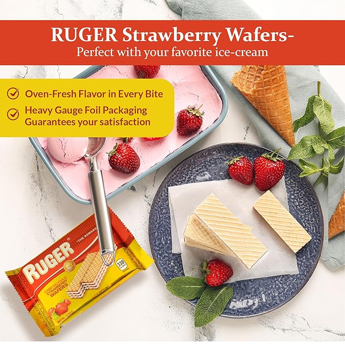 Ruger Wafers Austrian Strawberry Wafers, 2.125 Ounce (Pack of 12) - Delightfully Crisp and Creamy Strawberry Treats with Natural Ingredients and Extended Freshness, Ideal for Snacking, Desserts, and Anytime Enjoyment