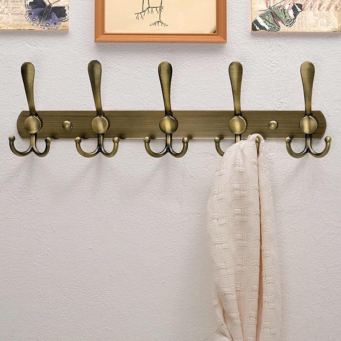 Dseap Coat Rack Wall Mounted - 5 Tri Hooks, Heavy Duty, Stainless Steel, Metal Coat Hook Rail for Coat Hat Towel Purse Robes Mudroom Bathroom Entryway,Bronze