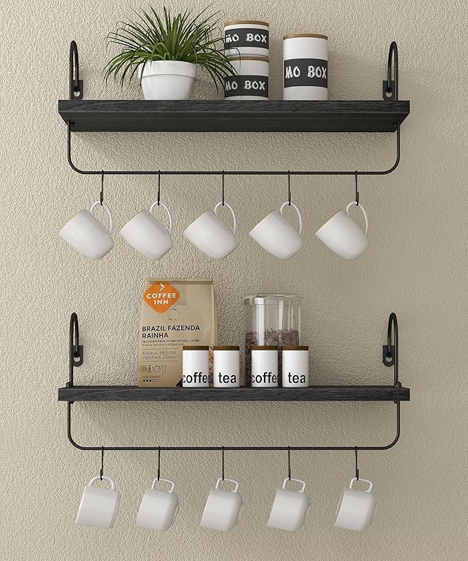 Coffee Mug Holder, Coffee Bar Shelf with Hooks Wall Mount Cup Organizer Mug Racks Pods Storage Hanger, Farmhouse Kitchen Decor, Black