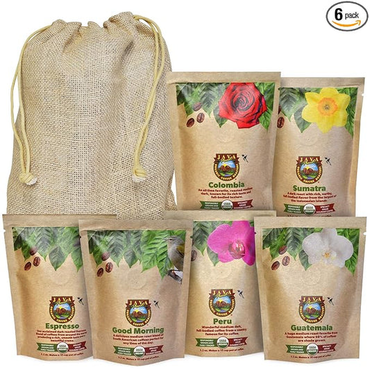 Sampler Variety Pack, Low Acid Organic Coffee Beans in Linen Gift Bag: Whole Bean, Mold-Free & Stomach Friendly, by Java Planet - Arabica Gourmet Coffee, 1.32 LBs of coffee packaged in six 3.2 oz bags