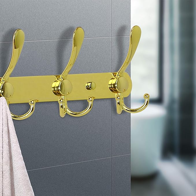 Dseap Coat Rack Wall Mount - 29.5” Long 8-Tri-Hooks Heavy Duty Coat Hanger Rail Wall Hooks for Hanging Coats Hats Clothing Clothes Purse Mudroom Entryway, Gold, Pack of 2
