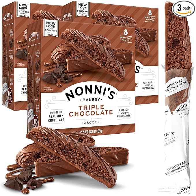 Nonni's Triple Chocolate Biscotti Italian Cookies - 3 Boxes Triple Chocolate Italian Biscotti Cookies w/Dark Chocolate - Biscotti Individually Wrapped Cookies - Kosher Chocolate Coffee Cookie 6.88 oz