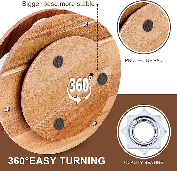 Acacia Wood Rotating Syrup Organizer, 7 Bottle Syrup Rack, Coffee Station Organizer with Large Base and Anti-Slip Pads