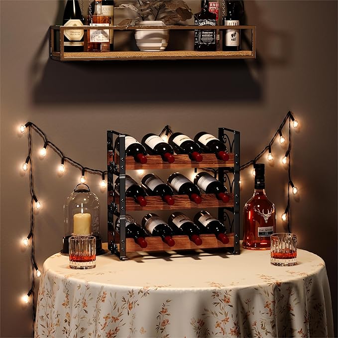 X-cosrack Wine Rack Countertop, 3-Tier 12 Bottles Small Wine Rack Stackable for Inside Cabinet, Solid Wood & Wrought Iron Wine Bottle Holder, Wine Storage Shelf for Kitchen Bar Dining Room