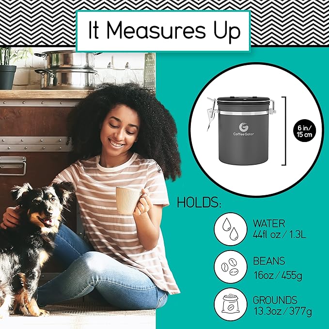 Coffee Gator Coffee Canister Airtight, 16oz Stainless Steel and 4oz Borosilicate Glass Travel Kitchen Food Storage Container with Date Tracker, Scoop for Beans, Ground, Sugar, Tea, Cookies Jars