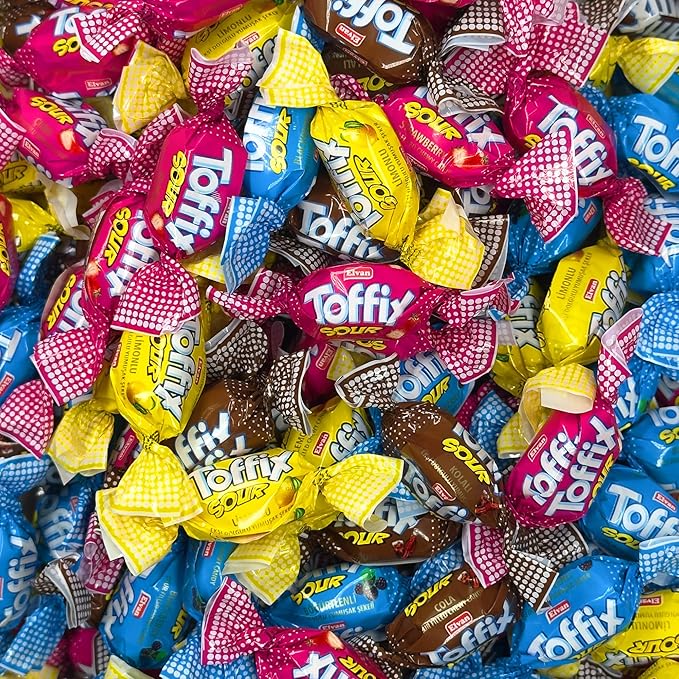 Toffix Sour Chews, Center-Filled Soft Chewy Candy, 250 Pieces of Individually Wrapped Snacks for Kids & Adult, Strawberry, Blueberry, Lemon & Cola Flavored Chewy Candies - 2 Pound Bulk Bag - Pack of 8