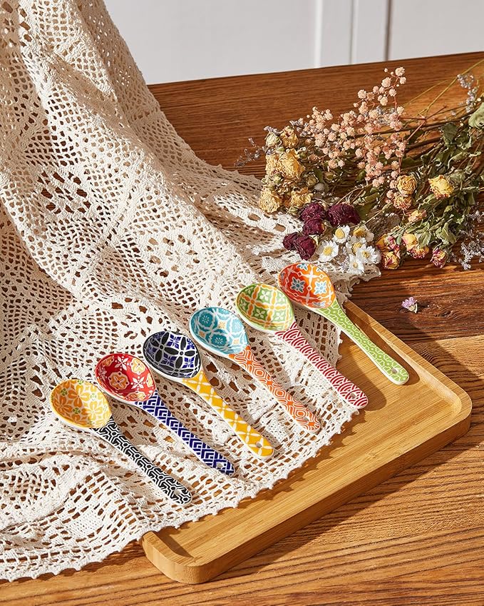Ceramic Small Serving Spoons, Colorful Soup Spoon Set for Cereal, Yogurt, Dips, Ice Cream, Ramen, Dishwasher & Microwave Safe, Cute Decorative Spoon Set of 6