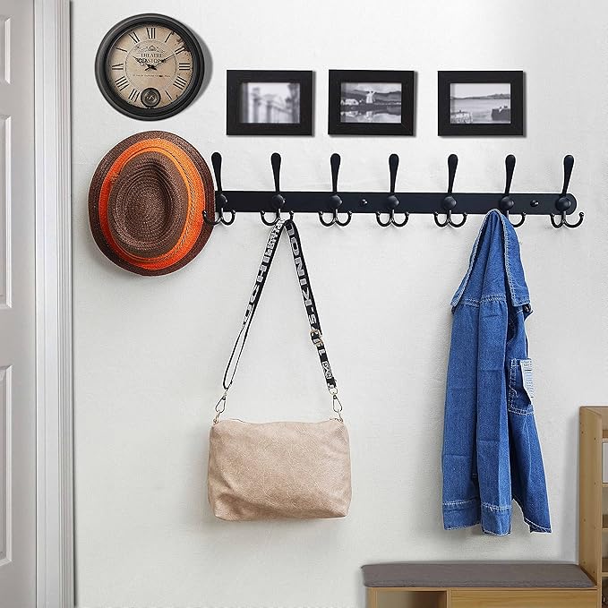 Dseap Coat Rack Wall Mount - 29.5” Long 8-Tri-Hooks Heavy Duty Coat Hanger Rail Wall Hooks for Hanging Coats Hats Clothing Clothes Purse Mudroom Entryway, Black, Pack of 2