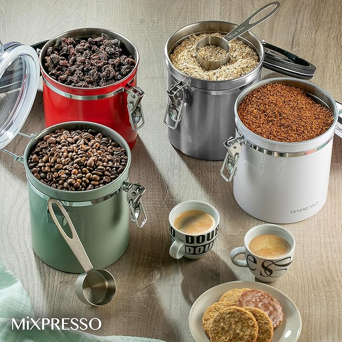 Mixpresso 16 Oz Coffee Canister with Scoop, Stainless Steel Airtight Coffee Container, Air tight Jar Tea Storage with Date Tracker, Vacuum Sealed Espresso Airtight Canister, Sugar Container for Home