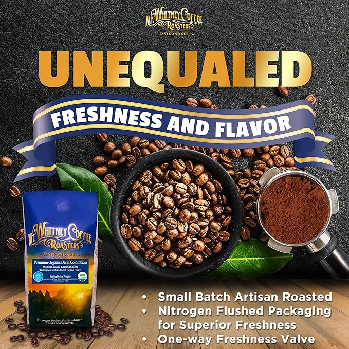 Mt. Whitney Premium Organic Spring Water Colombian, Medium Dark Raost, Low Acid, Decaf Coffee (Ground, 2 Lb)