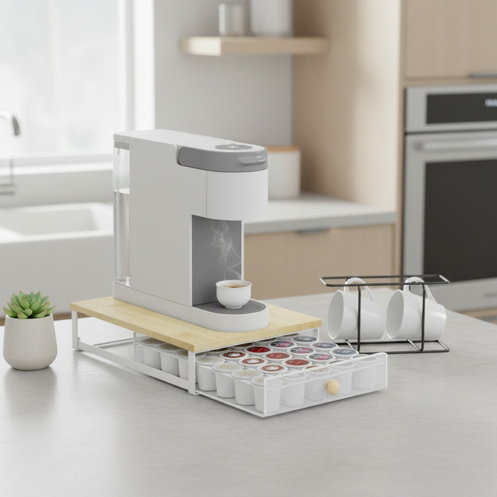 Coffee Pod Holder Counter Coffee Vertuo Capsules Storage Organizer with Sliding Drawer Compatible For 35 K-Cup Pods No Assembly Needed Natural Colour