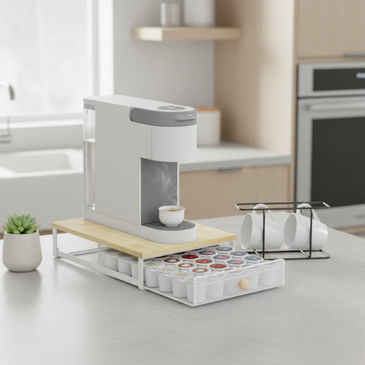Coffee Pod Holder Counter Coffee Vertuo Capsules Storage Organizer with Sliding Drawer Compatible For 35 K-Cup Pods No Assembly Needed Natural Colour