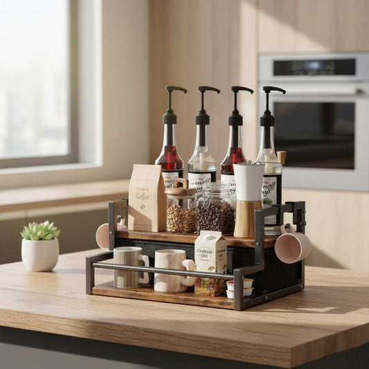 Coffee Syrup Organizer Rack, 2-Tier Coffee Bar Accessories, Bottle Holder Stand with K Cup Storage Drawer for Coffee bar, Wine Rack, Storage Shelves for Syrup. (Rustic Brown)